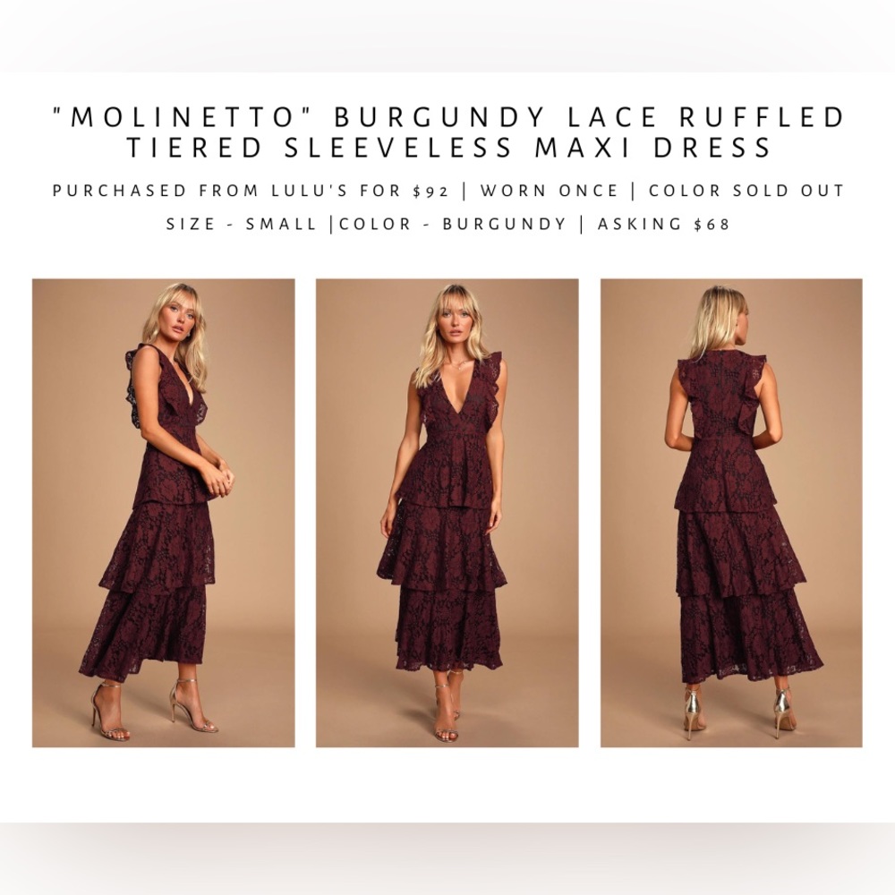 “Molinetto” Burgundy Lace Ruffled Tiered Sleeveless Maxi Dress
